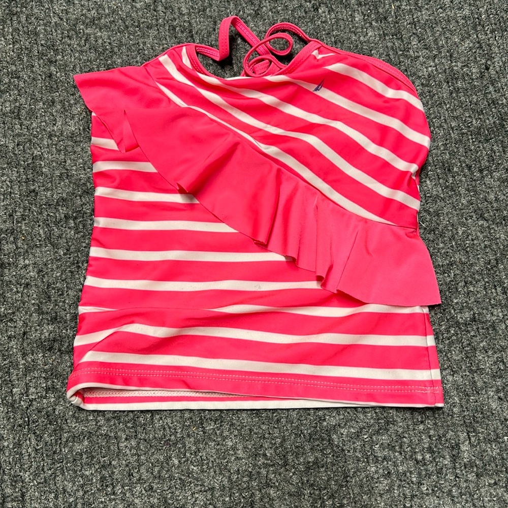 Like new! Nautica pink & white striped swim top with ruffle, crossed straps-S/7